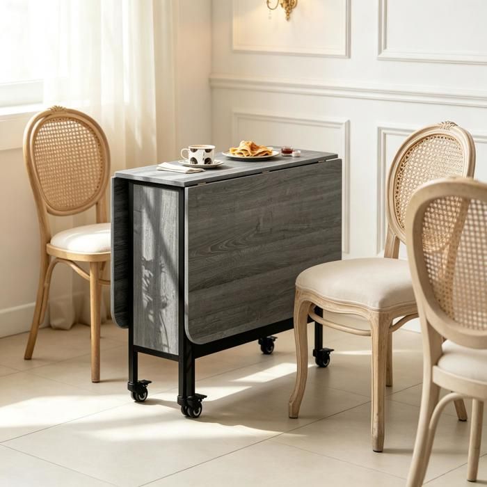 Table à manger pliante roulante - Plateau extensible - 6 roulettes pivotantes avec freins