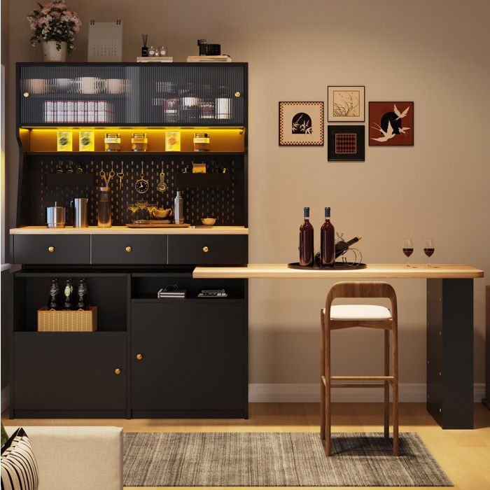 Modenuit Hochschrank avec Schreibtisch et Bartisch LED App portes vitrées étagères réglables noir