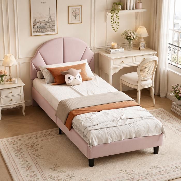Lit Enfant 90x190 cmLit Simple pour FilleCadre de lit 90x190 avec Tête de lit Réglable et Sommier à Lattes Velours Rose