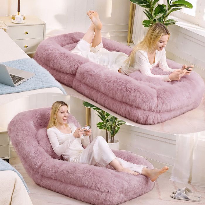 Canapé relax - FUNMOON - Funmoon - Dossier 5 positions - Tissu peluche rose - Convertible lit occasionnel