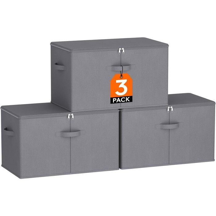 Lot de 3 boîtes rangement 60 L en tissu non tissé 56 x 32 x 33 cm fermeture éclair coloris gris pour dressing