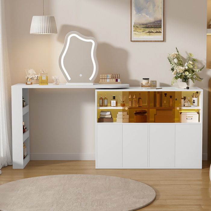 Coiffeuse Pivotante LED Blanc Miroir Lumineux FloraGrace Pour Chambre Avec Rangement 177x40x131 5cm