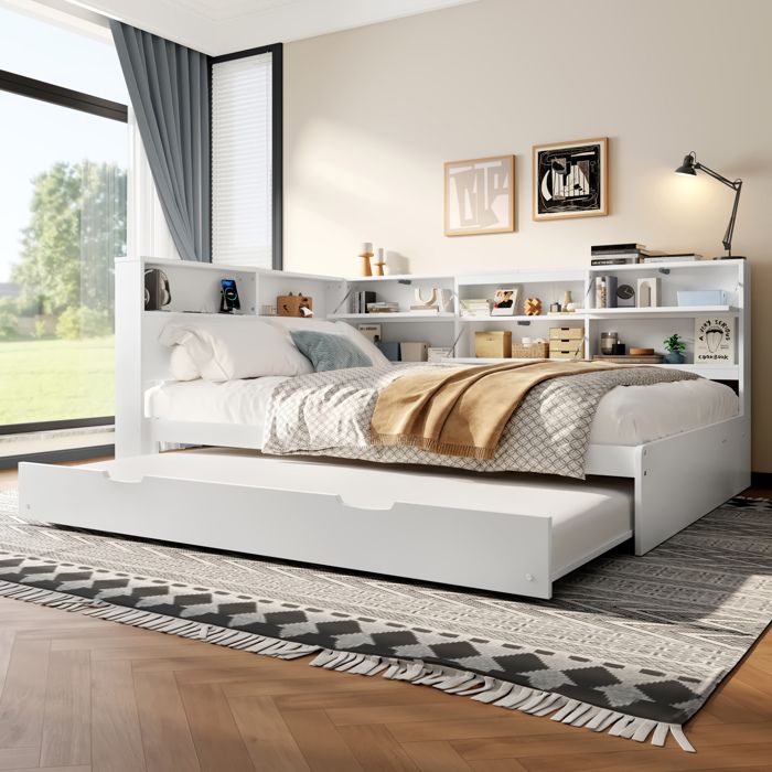Lit combiné gigogne 140x200 cm avec tête de lit de rangement USB Type C blanc pin MDF contreplaqué à monter soi-même FOLYNA