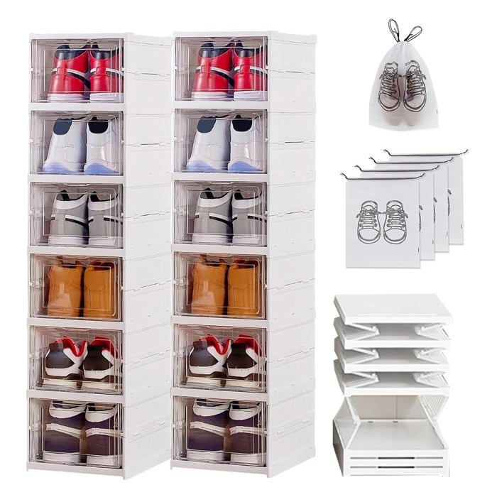 Boîte à chaussures transparente pliable en ABS avec couvercle - lot de 12 empilables sur 6 couches - dimensions 105 x 35 5 x 25 5 cm