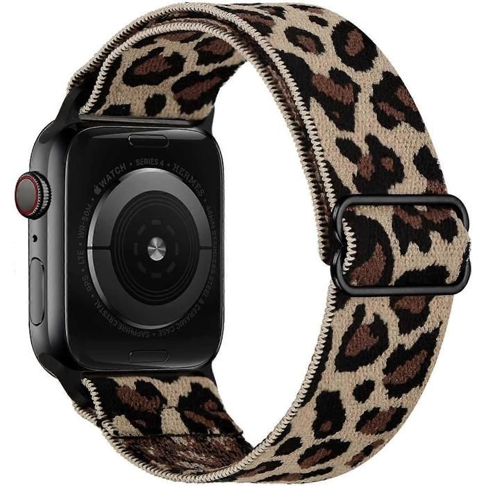 Bracelet élastique léopard pour Apple Watch 42 mm 44 mm et 45 mm compatible avec les autres modèles en nylon souple et