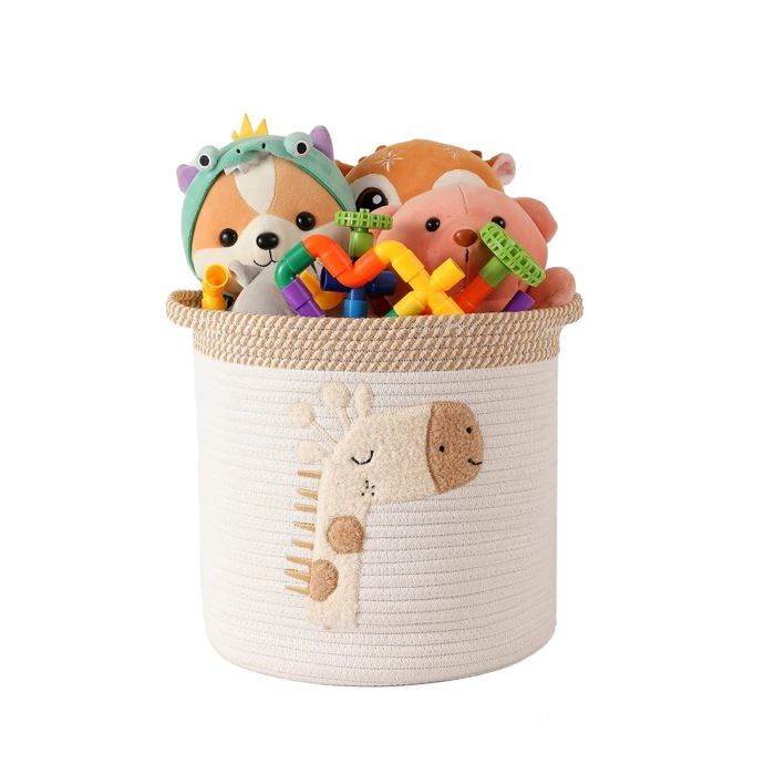 Panier de rangement en coton tressé 30 x 30 cm avec poignée - organisateur de jouets motif girafe brodé pour enfants