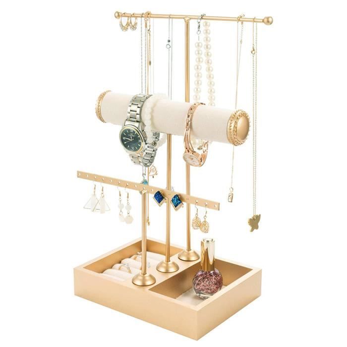 Lot De 3 Porte-bijoux En T - Support Métallique Doré Avec Socle Bois - Pour Boucles D'oreilles, Rangement, Présentation