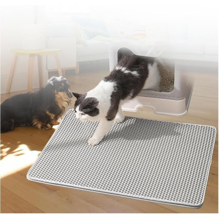 Grand Tapis De Litière Pour Chat 86x56 Cm - Silicone Imperméable, Récupère Les Grains - Facile à Nettoyer, Confortable - Couleur Gris