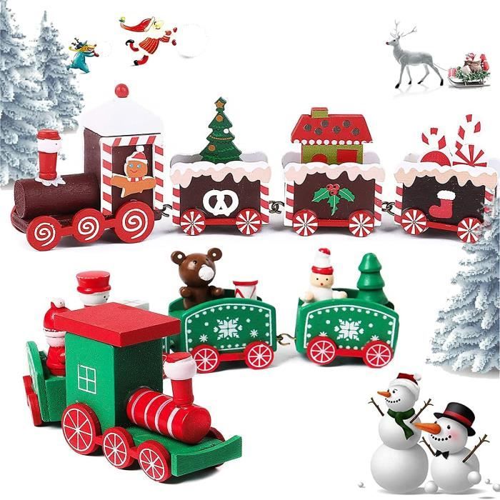 CDPetit Train De Noël en Bois, 2pcs Mini Train en Bois De Noël Train