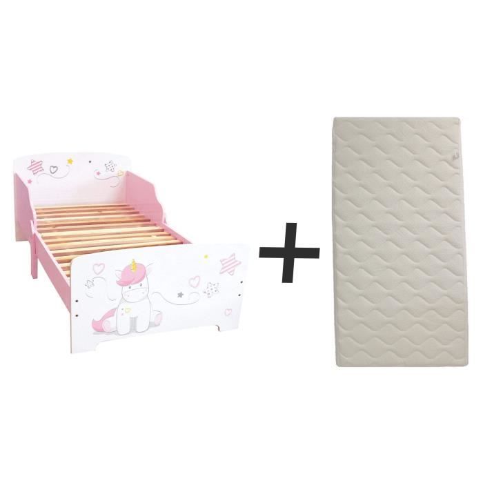 FUN HOUSE Lit Licorne 140 x 70 cm - SOMMIER ET MATELAS CLIMATISE (FACE ETE / HIVER) INCLUS