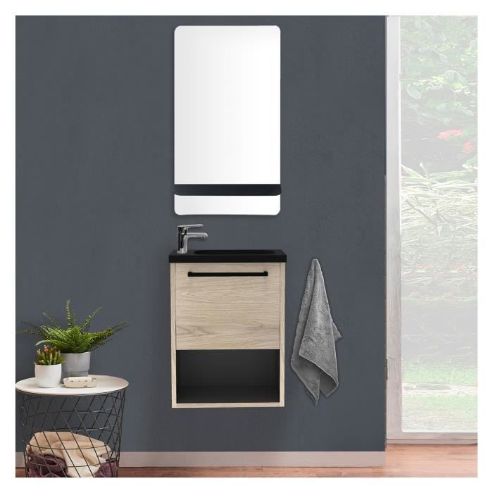 Meuble lave-mains décor chêne intérieur noir vasque noire NIKA avec robinet et miroir Bois Clair
