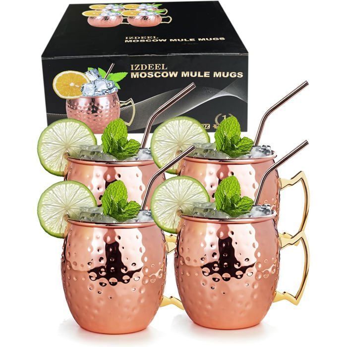 Lot de Verre Moscow Mule - CHANGM - 4Tasses - Cuivre - Avec 4 Pailles - Compatible Lave-Vaisselle