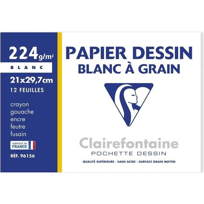 CLAIREFONTAINE - Pochette dessin - Papier à grain P.E.F.C - 21 x 29,7 - 12 feuilles - 224G - Couleur blanche