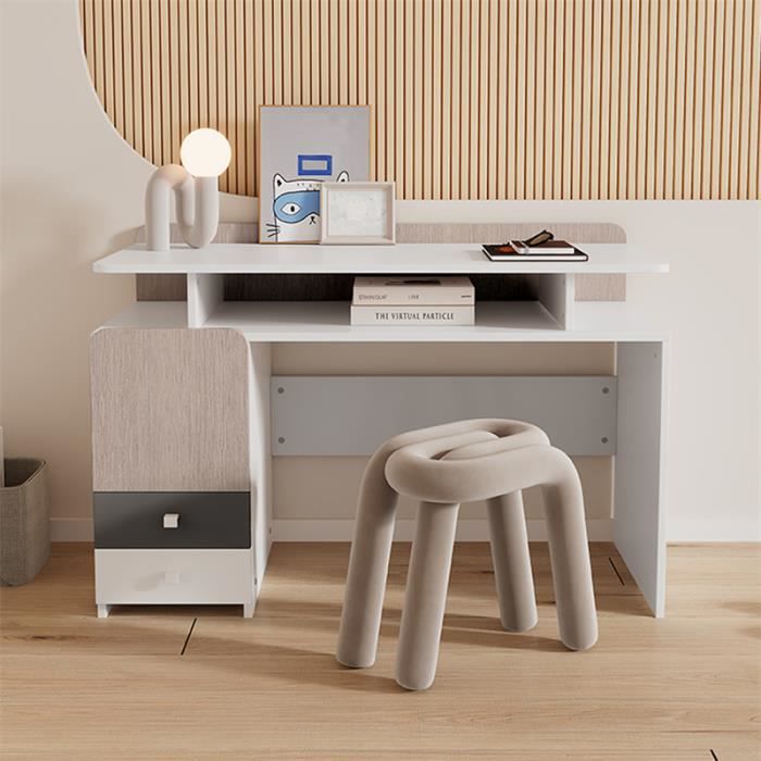 bureau droit 121x56.5x81cm, table d'étude avec 3 tiroirs et une mezzanine, mdf, blanc + coloris orme clair + gris