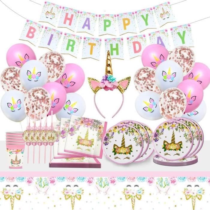Kit Déco Anniversaire Licorne Rose : Ballons 3D, Confettis, Guirlande, Nappe – Pour Fille 1 à 7 Ans – Tout-en-un Pour Une Fête Magique