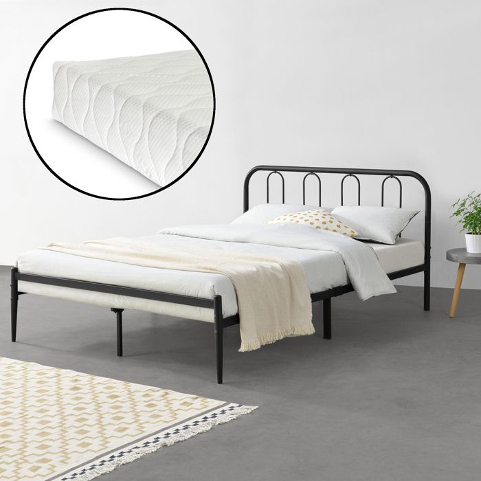 cadre de lit double avec matelas hanko 160 x 200 cm noir mat [en.casa][neu.haus]