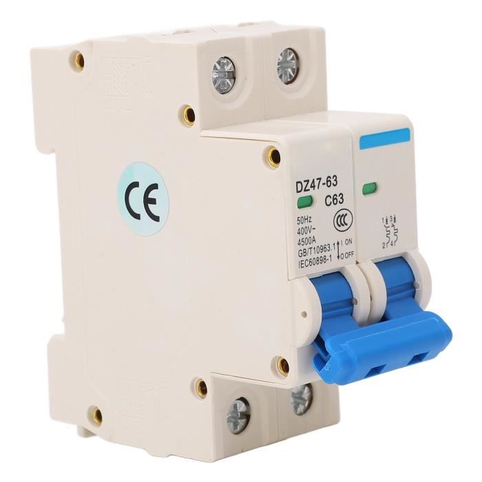 Disjoncteur Miniature DC Basse Tension 2P 500V, 63Ampères Interrupteur de Sécurité à Double Pôle Déconnexion Solaire Deux Pôles DZ47-63Z C63 pour Tableaux Distribution Systèmes Photovoltaïques (63A