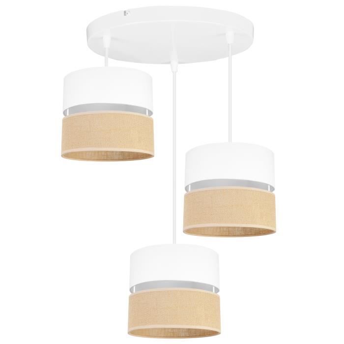 Light-Home Juta Abat Jour Suspension Luminaire Lustre - E27 - OV 3-Lumières 20 cm - Blanc Base et Jute et Blanc