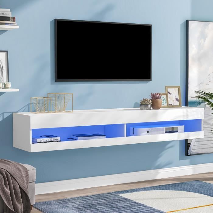 Meuble TV contemporain avec LED banc TV murale avec espace de rangement 140x40x30 5cm blanc