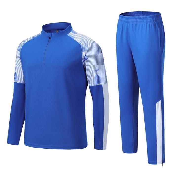 Vetement Football Homme Ensemble T Shirt Manches Longues Et Pantalon Sport Elastique Entrainement Pour Automne Hiver Bleu