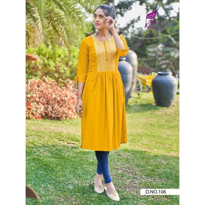 Tunique grande taille brode Longue Jaune Kurti indienne