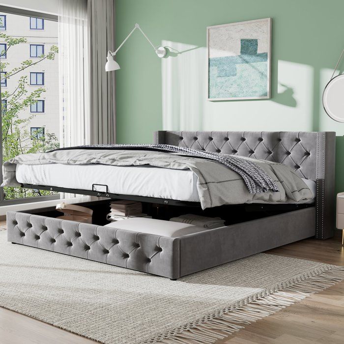 Lit coffre adulte 140 x 200 cm avec sommier Coffre de rangement Tissu en flanelle Finition avec boutons Style Scandinave Gris