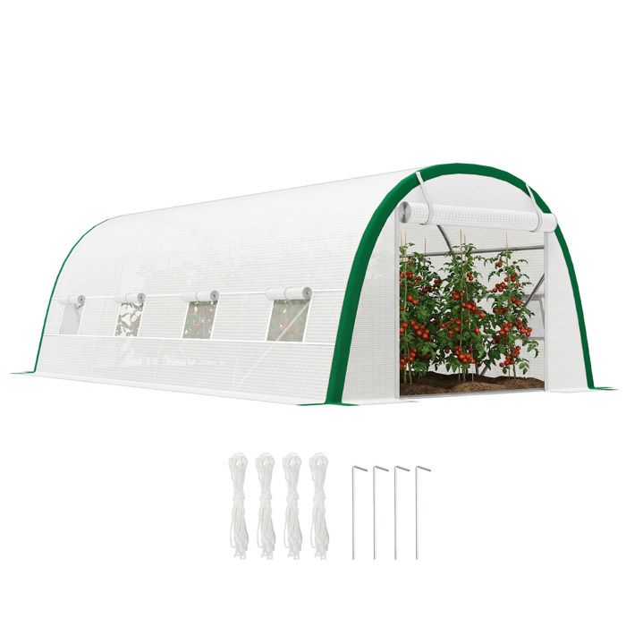 Serre de jardin tunnel - Outsunny - 18 m² serre tomates 8 fenêtres porte zippée acier galvanisé - PE - 6x3x2m - blanc