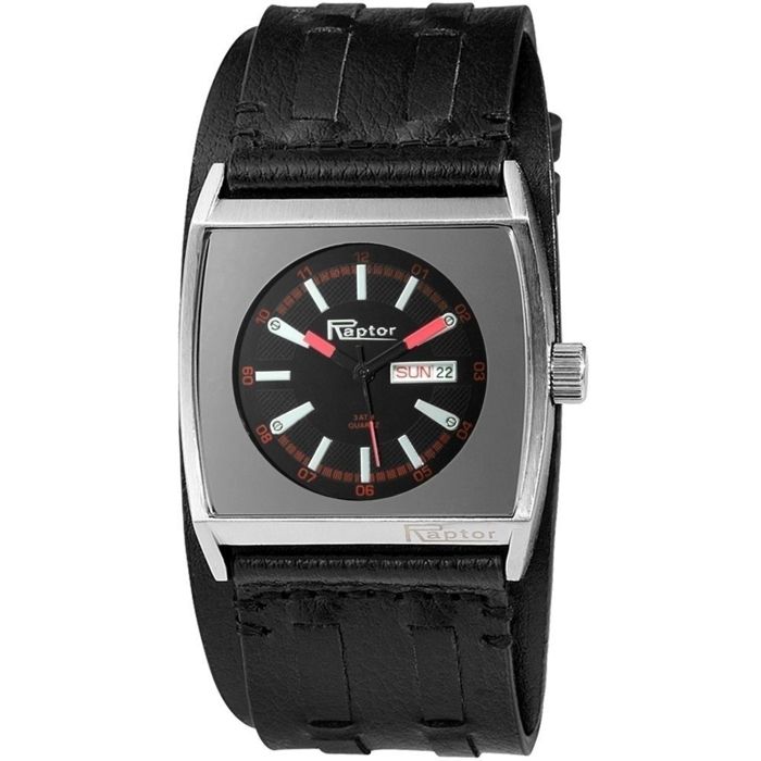 Montre - RAPTOR - Raptor - Bracelet cuir noir - Boîtier 43 mm argenté - Quartz Miyota