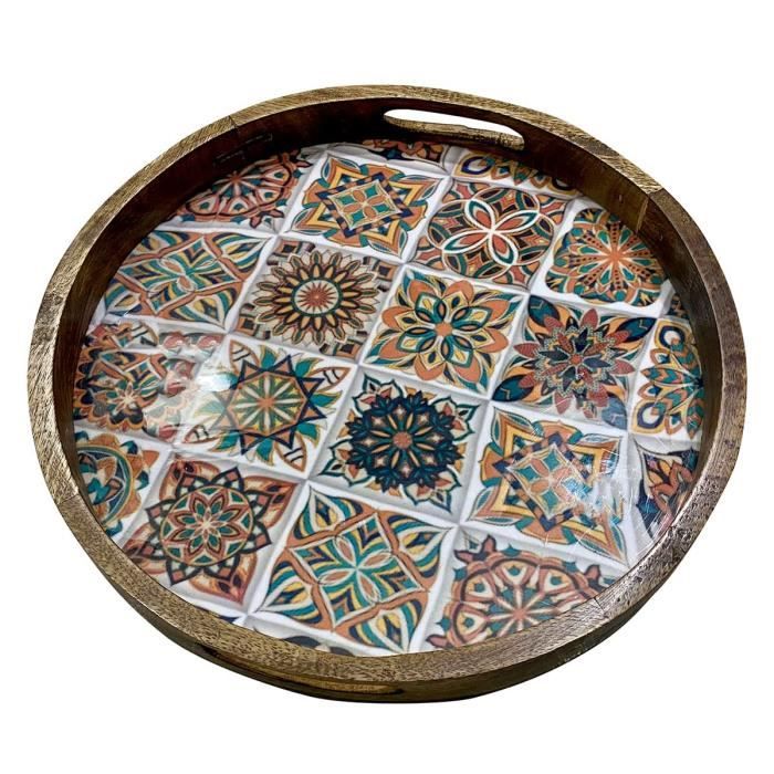 Grand Plateau De Service Rond En Bois 50 Cm - Design Grain Naturel, Poignées Pratiques, Robuste