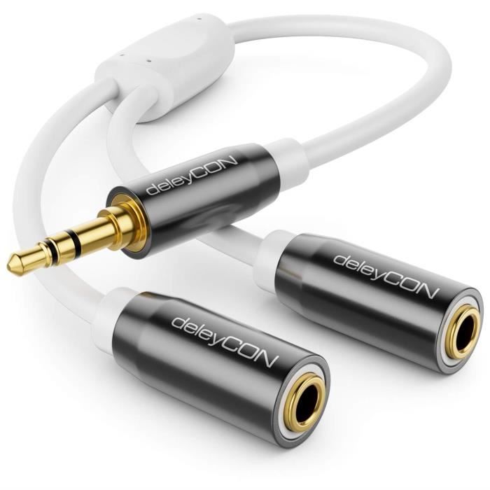 DeleyCON Écouteurs Séparateur De Casque Prises Jack Audio Câble Adaptateur En Y Stéréo - 1x Prise Jack 3,5 Mm CTIA 4 Broches TRRS Vers 2x Prise Jack 3,5 Mm