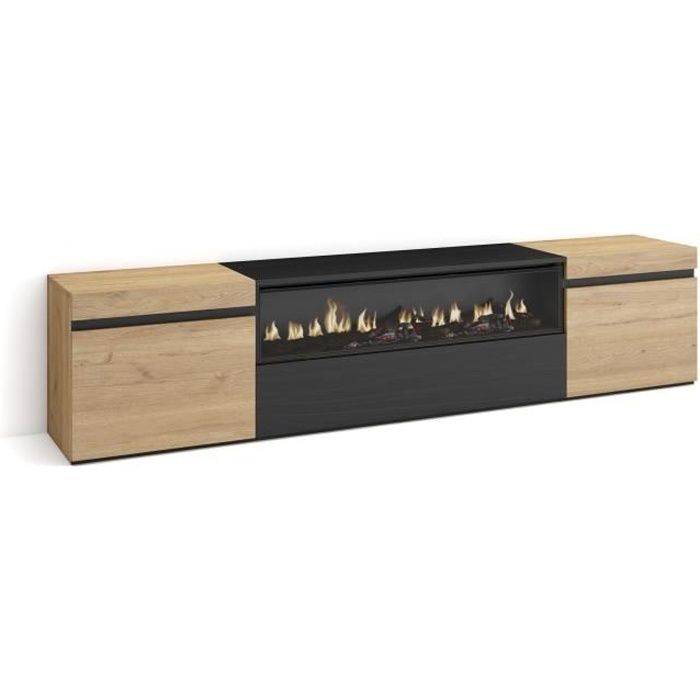 Meuble TV Banc Télé 200x35x45cm Pour les TV jusquà 80 feu électrique Chêne et noir RF2259 Meuble TV Banc Télé 200x35x45cm Pour les TV jusquà 80 feu électrique Chêne et noir RF2259