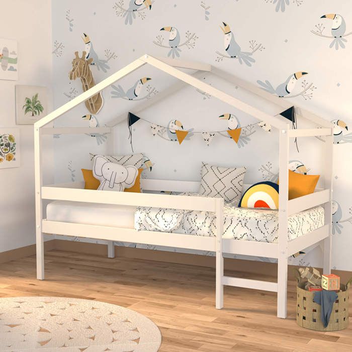TERRE DE NUIT  Lit cabane enfant bois blanc laqu&eacute; 90x190 - LT14054