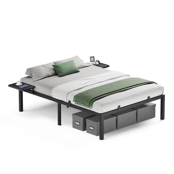 vasagle lit 140 x 190 cm, cadre de lit en métal avec étagères de rangement, lit double, lit adolescent, noir classique