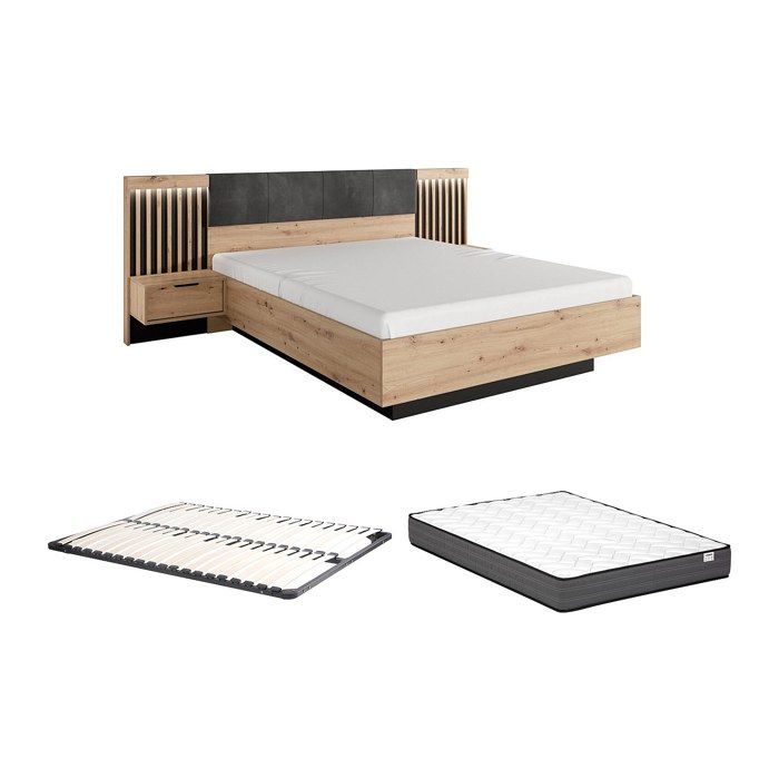 Lit avec chevets 160 x 200 cm - Avec LEDs - Coloris : Naturel et noir + Sommier + Matelas - ARIADA