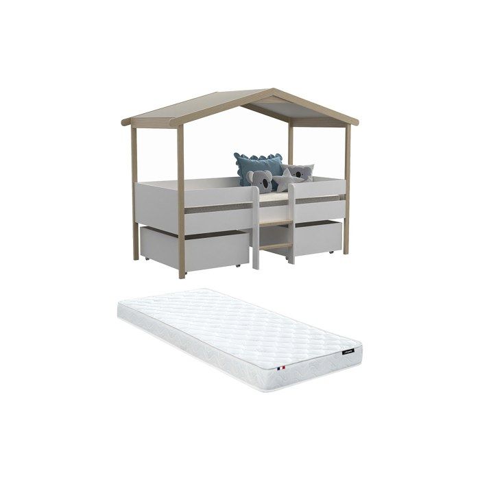 Lit cabane SAROSI avec tiroirs - 90 x 190 cm - Tilleul - Blanc et chêne + matelas