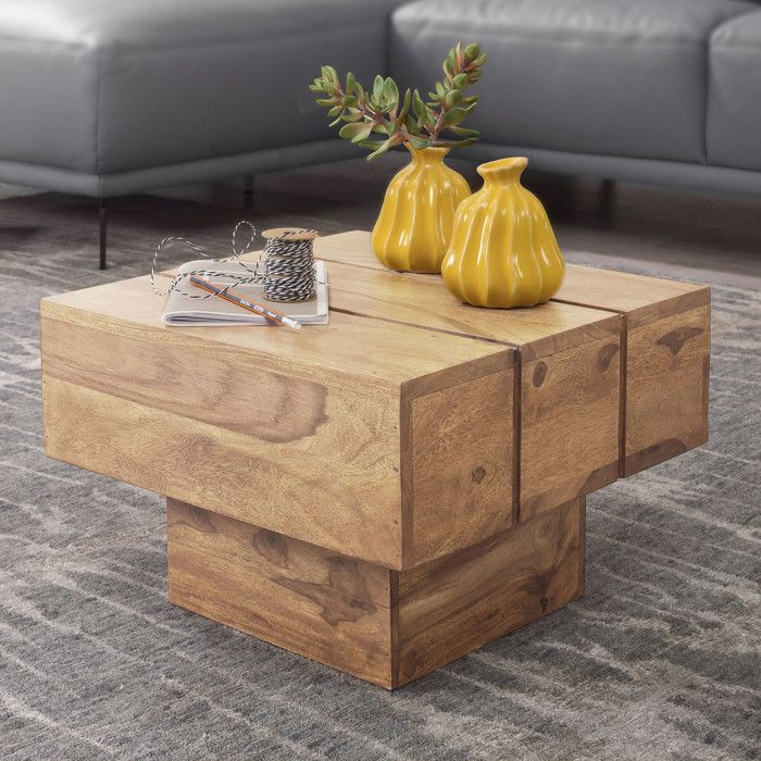 WOHNLING Table en bois massif Acacia table basse 44 x 44 x 30 cm table basse solide carré cube large