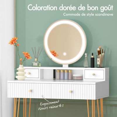 Coiffeuse Avec Miroir Et Lumières LED - 90 Cm, 4 Tiroirs + Tabouret Rangement, Blanc - 2