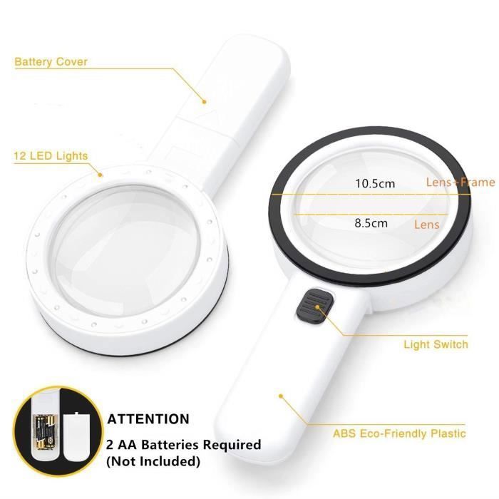 Loupe Grossissante 30X avec 12 Lampe LED, 105 mm Loupe Éclairante à
