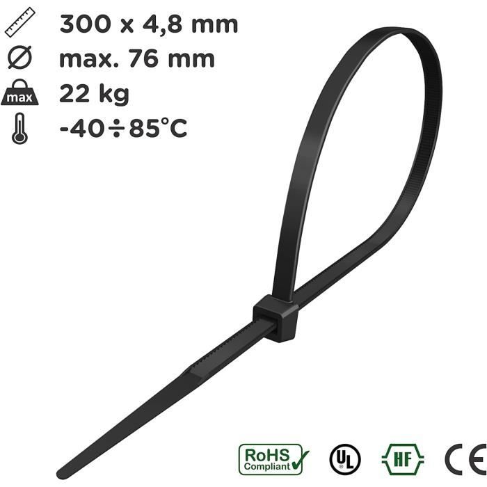 Serre-câble réutilisable 300 x 4.8 mm (sachet 100pcs) - Collier type  Colson/Rilsan - Nylon 
