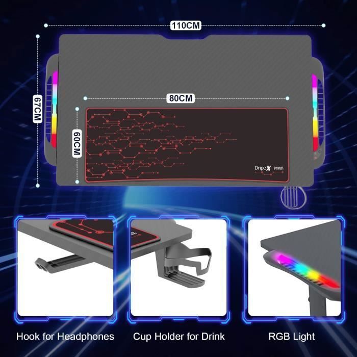 Bureau Gamer Dripex RGB 150x65cm - Surface Carbone Avec éclairage LED Et Tapis Intégré