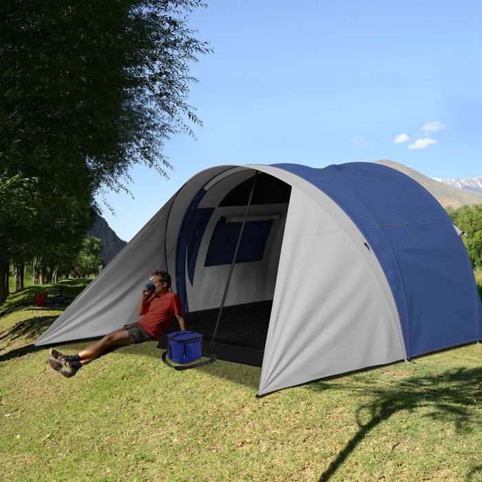 Tente De Camping Outsunny 3-4 Personnes – Tunnel Avec Porche – Imperméable 3000 Mm – Gris