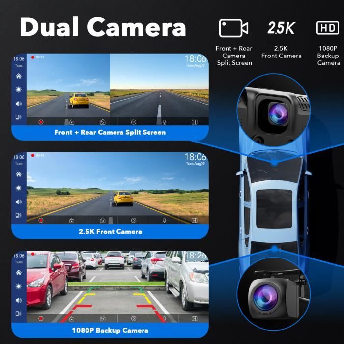 TOGUARD 2.5K Camera de voiture 10Ecran Tactile Dashcam Caméra de