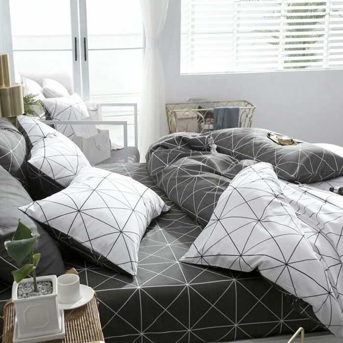 Parure De Lit 140x200 Cm 3 Pièces - Motif Labyrinthe Géométrique 3D - Microfibre Coton Réversible - Gris