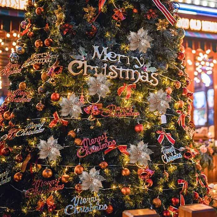 2m Guirlande Noël, Fleurs De Poinsettia, Guirlande Sapin, LED à Pile Pour Arbre De Noël Porte