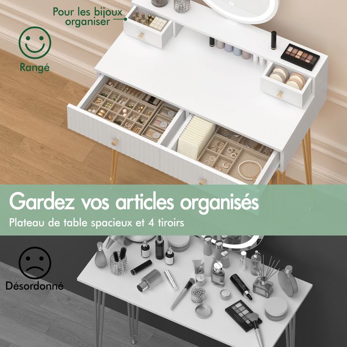 ALFORDSON Coiffeuse Avec Miroir Et éclairage, 90 Cm, Avec 4