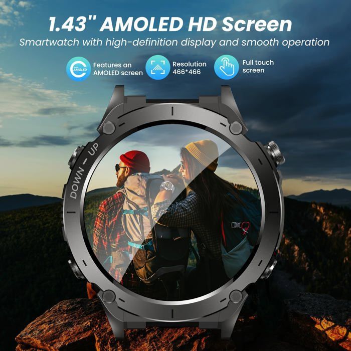 Montre Connectée Homme GPS 1.43" AMOLED - Appels Bluetooth, 170 Sports, Batterie 530mAh IP68 Noir