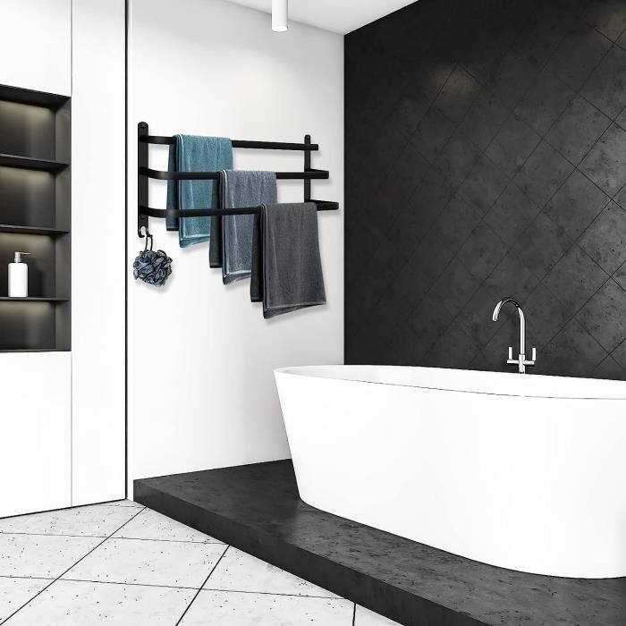 Porte-serviettes mural en aluminium - 3 étages - Avec crochets - 70 cm -  Étanche - Noir - Pour salle de bain, cuisine, salle de bain : :  Bricolage