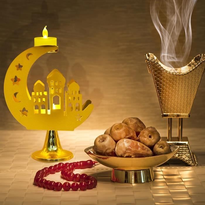 Bougeoir Décoratif Motif Lune Et Arabe - En Métal Et Verre, Doré - Pour Ramadan, Eid, Décoration De Table Et Salon