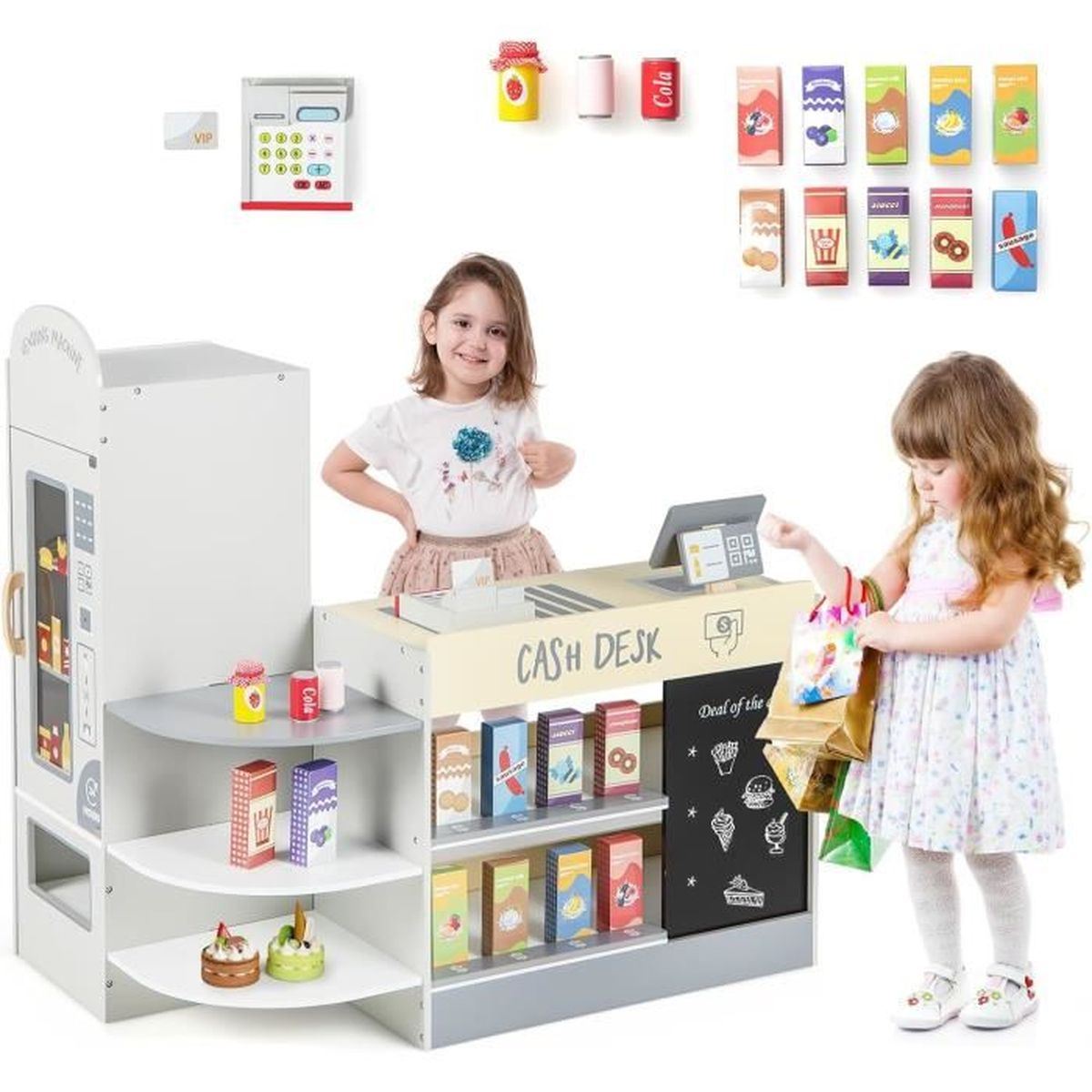 Épicerie Jouet En Bois - 13 Accessoires + Caisse Enregistreuse - Enfant 3-8 Ans - COSTWAY