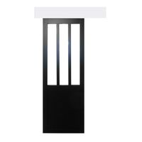Porte Coulissante Atelier Noir vitre depoli H204 x L73 + Rail Alu Bandeau blanc et 2 Coquilles GD MENUISERIES